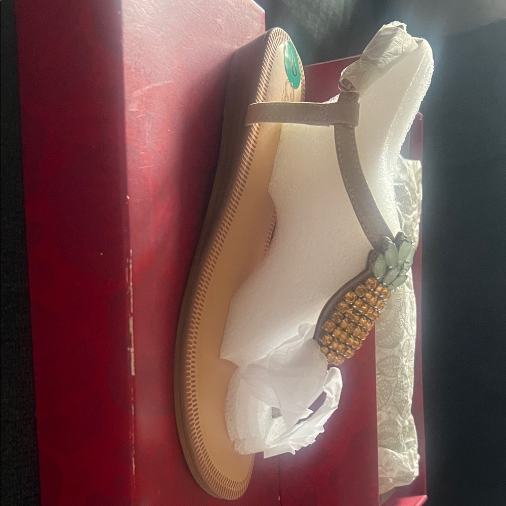 Carlos by Carlos Santana Tan Sandals with Gold Pineapple Beading